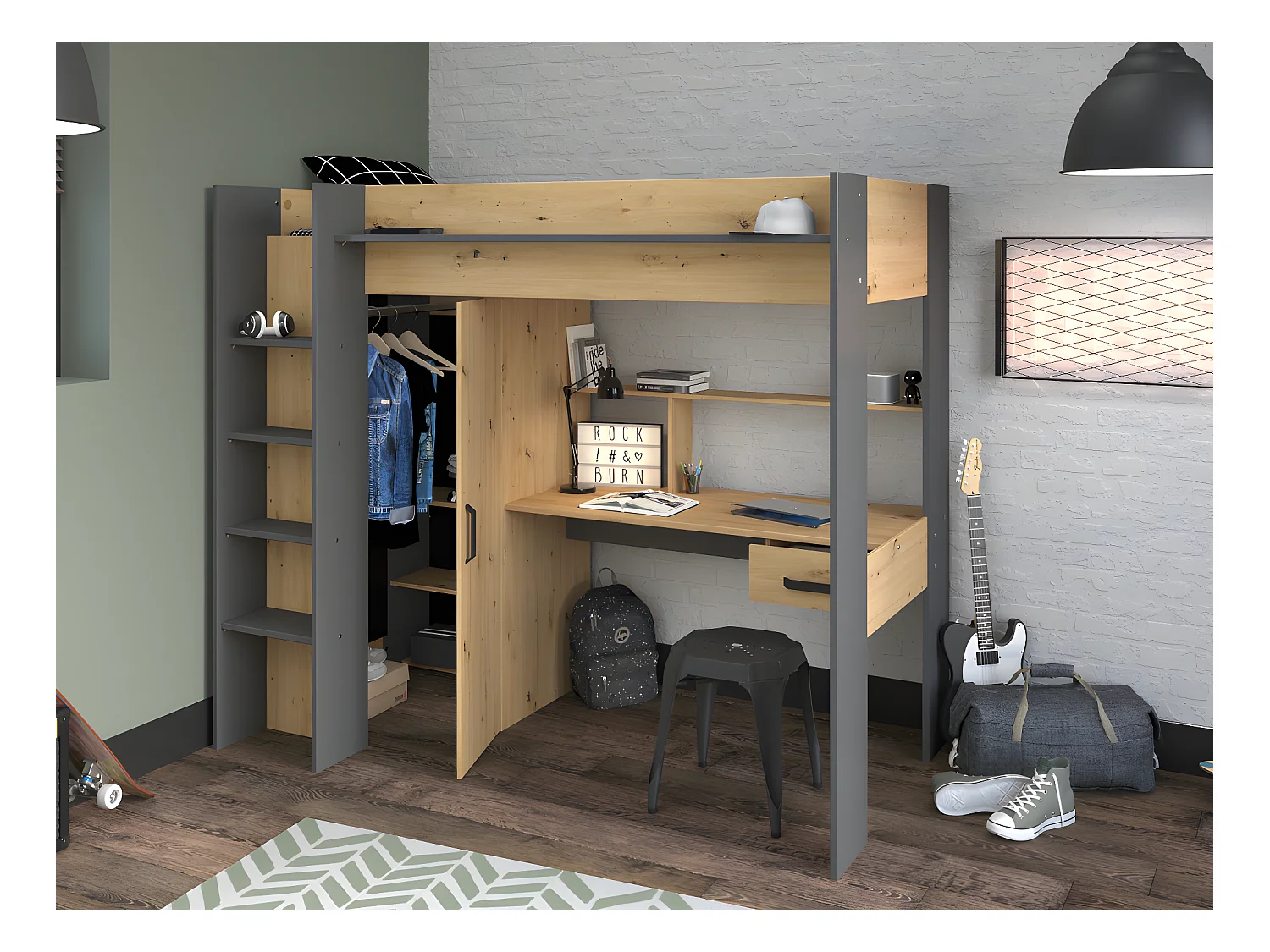 Lit mezzanine avec bureau et armoire - 90 x 200 cm - Coloris : Chêne et anthracite + matelas - AUCKLAND