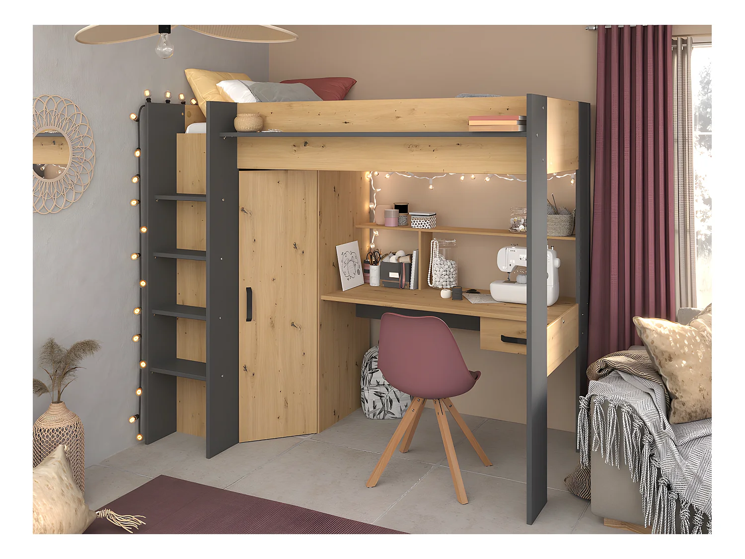 Lit mezzanine avec bureau et armoire - 90 x 200 cm - Coloris : Chêne et anthracite + matelas - AUCKLAND