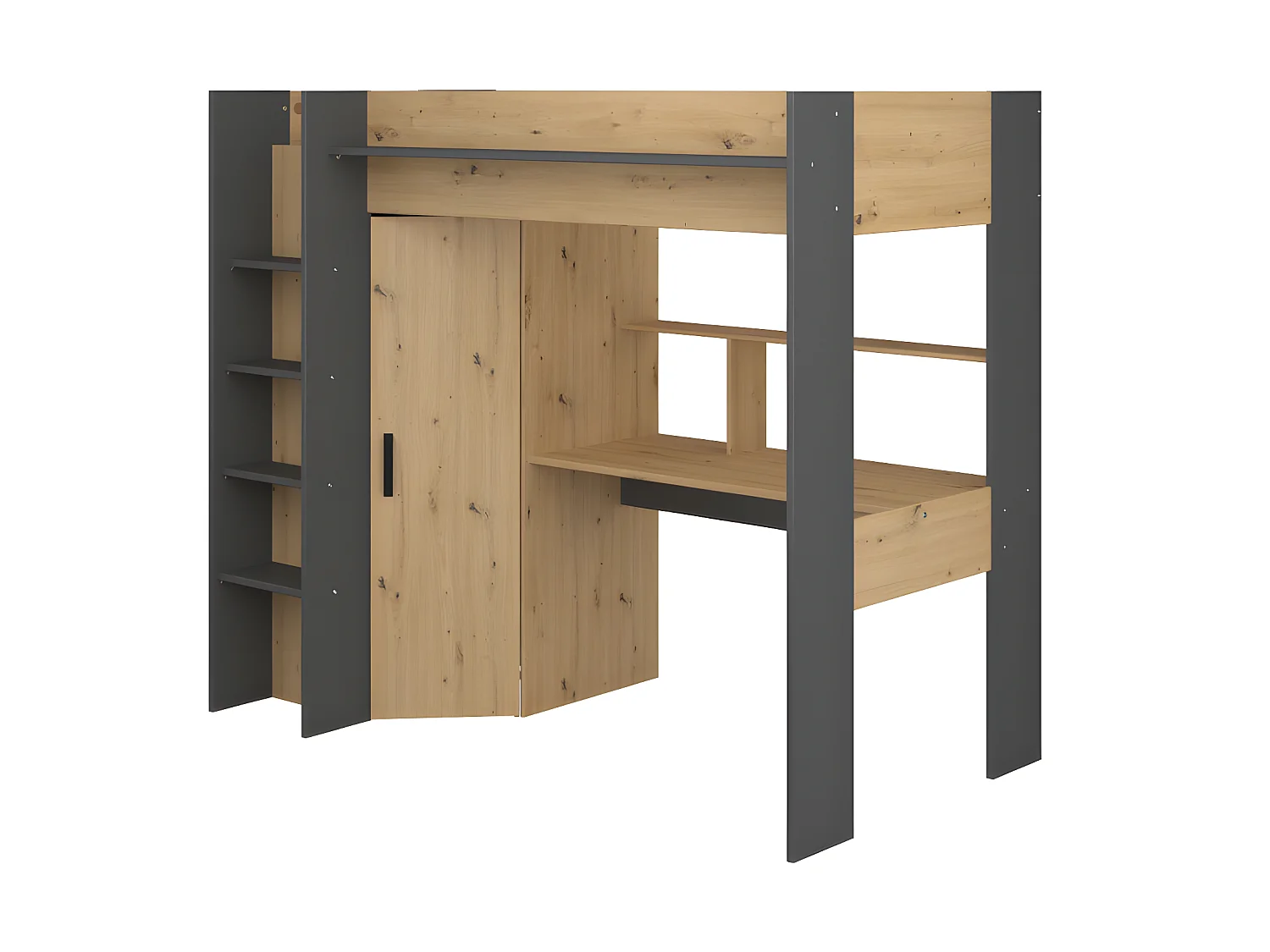 Lit mezzanine avec bureau et armoire - 90 x 200 cm - Coloris : Chêne et anthracite + matelas - AUCKLAND