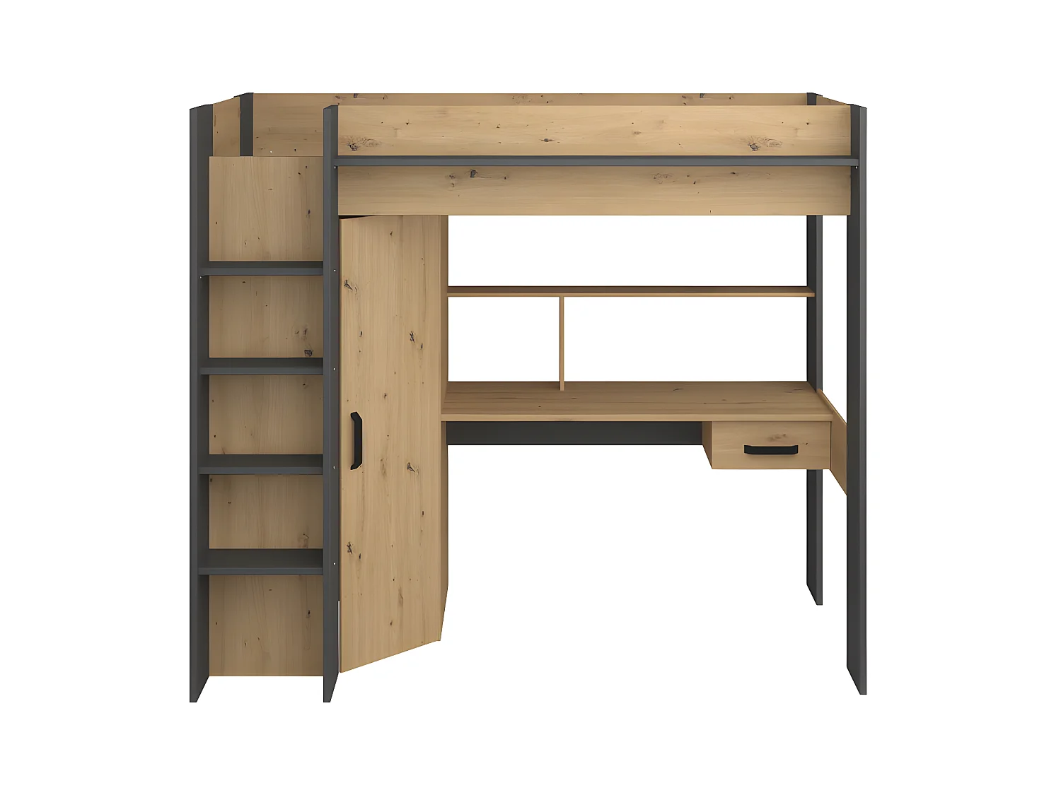 Lit mezzanine avec bureau et armoire - 90 x 200 cm - Coloris : Chêne et anthracite + matelas - AUCKLAND