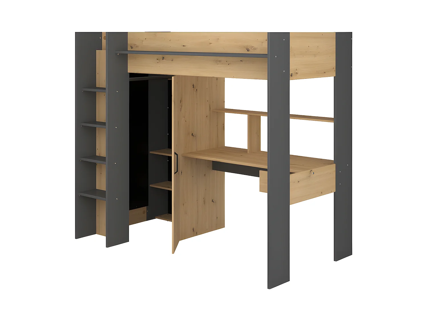 Lit mezzanine avec bureau et armoire - 90 x 200 cm - Coloris : Chêne et anthracite + matelas - AUCKLAND