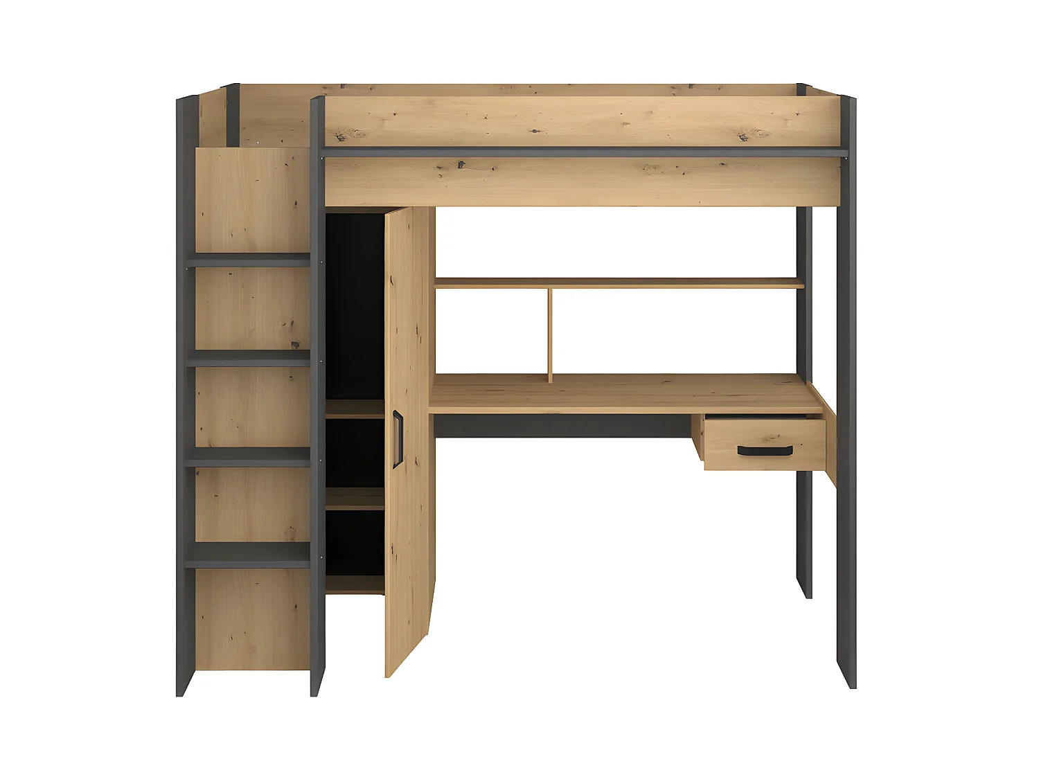 Lit mezzanine avec bureau et armoire - 90 x 200 cm - Coloris : Chêne et anthracite + matelas - AUCKLAND