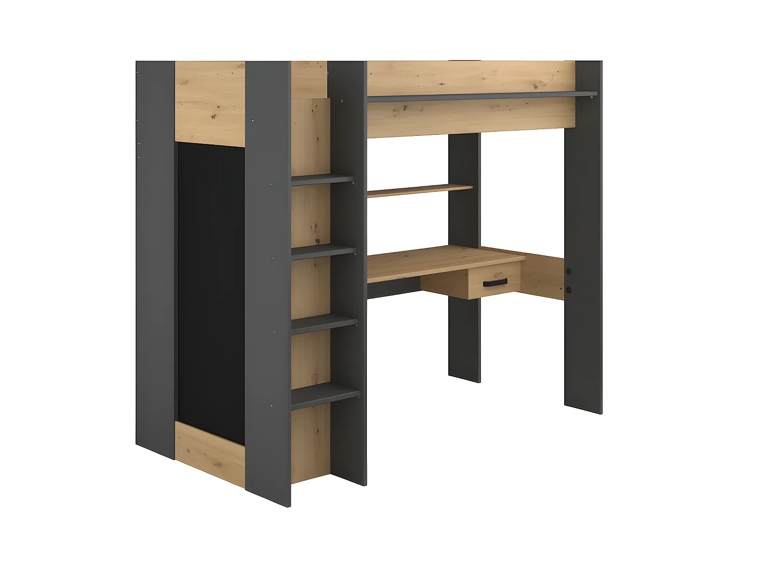 Lit mezzanine avec bureau et armoire - 90 x 200 cm - Coloris : Chêne et anthracite + matelas - AUCKLAND