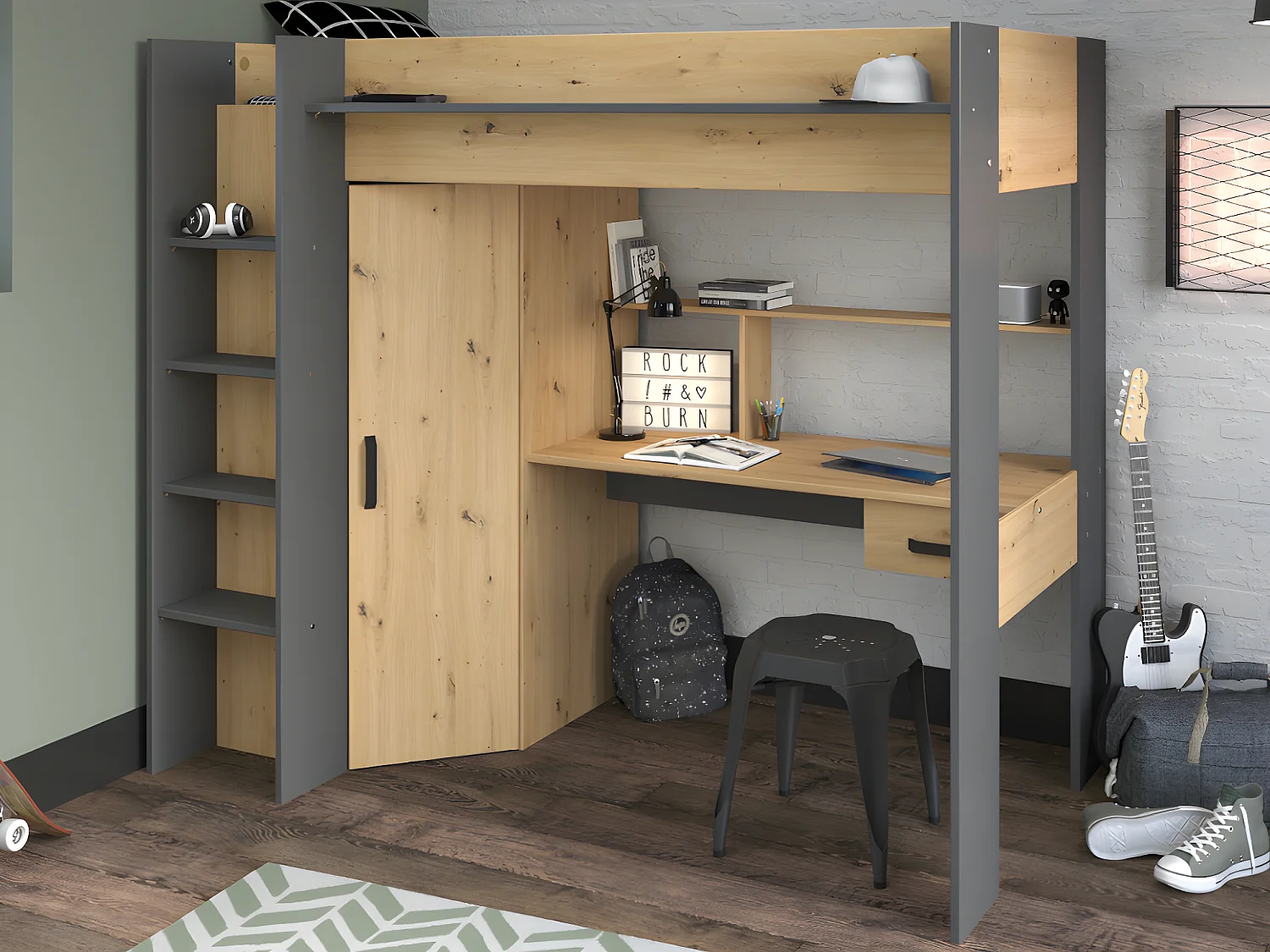 Hoogslaper met bureau en kast - 90x200cm - Naturel en antraciet + Matras - AUCKLAND