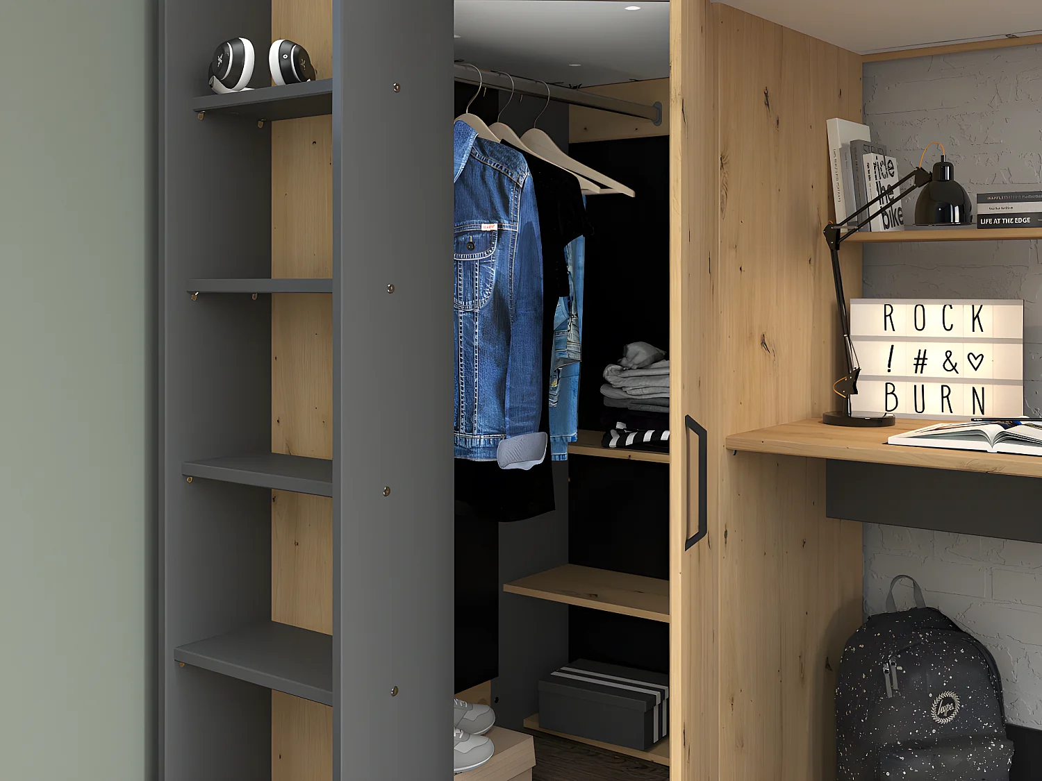 Hoogslaper met bureau en kast - 90x200cm - Naturel en antraciet + Matras - AUCKLAND