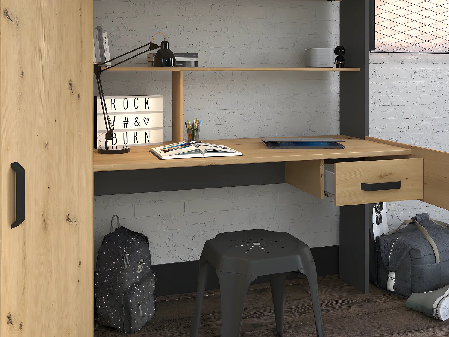 Hoogslaper met bureau en kast - 90x200cm - Naturel en antraciet + Matras - AUCKLAND