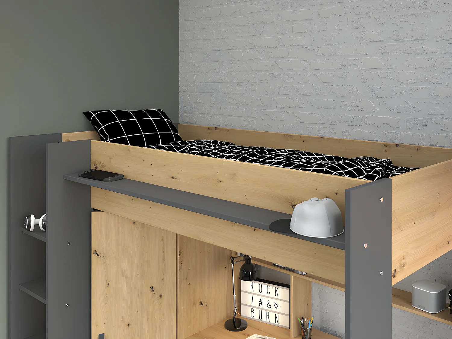 Hoogslaper met bureau en kast - 90x200cm - Naturel en antraciet + Matras - AUCKLAND