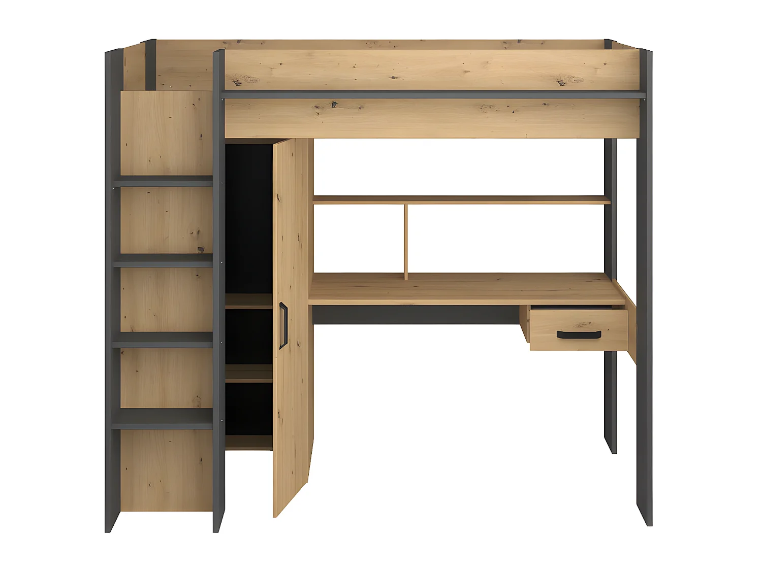 Hoogslaper met bureau en kast - 90x200cm - Naturel en antraciet + Matras - AUCKLAND