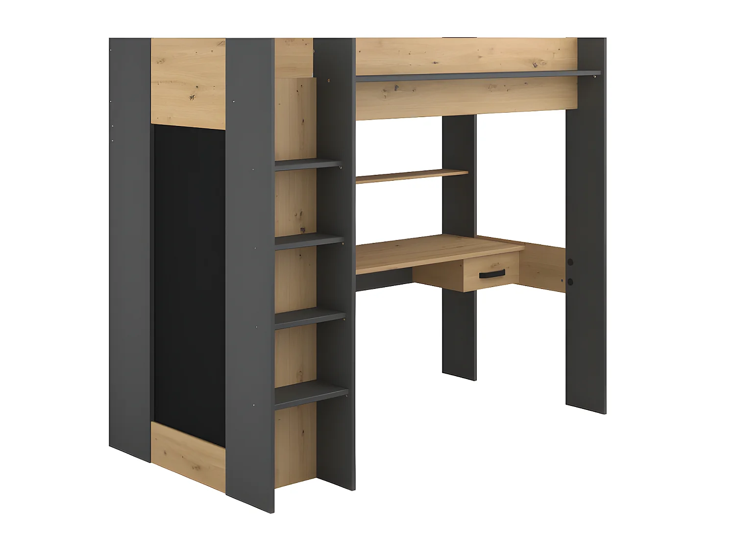 Hoogslaper met bureau en kast - 90x200cm - Naturel en antraciet + Matras - AUCKLAND