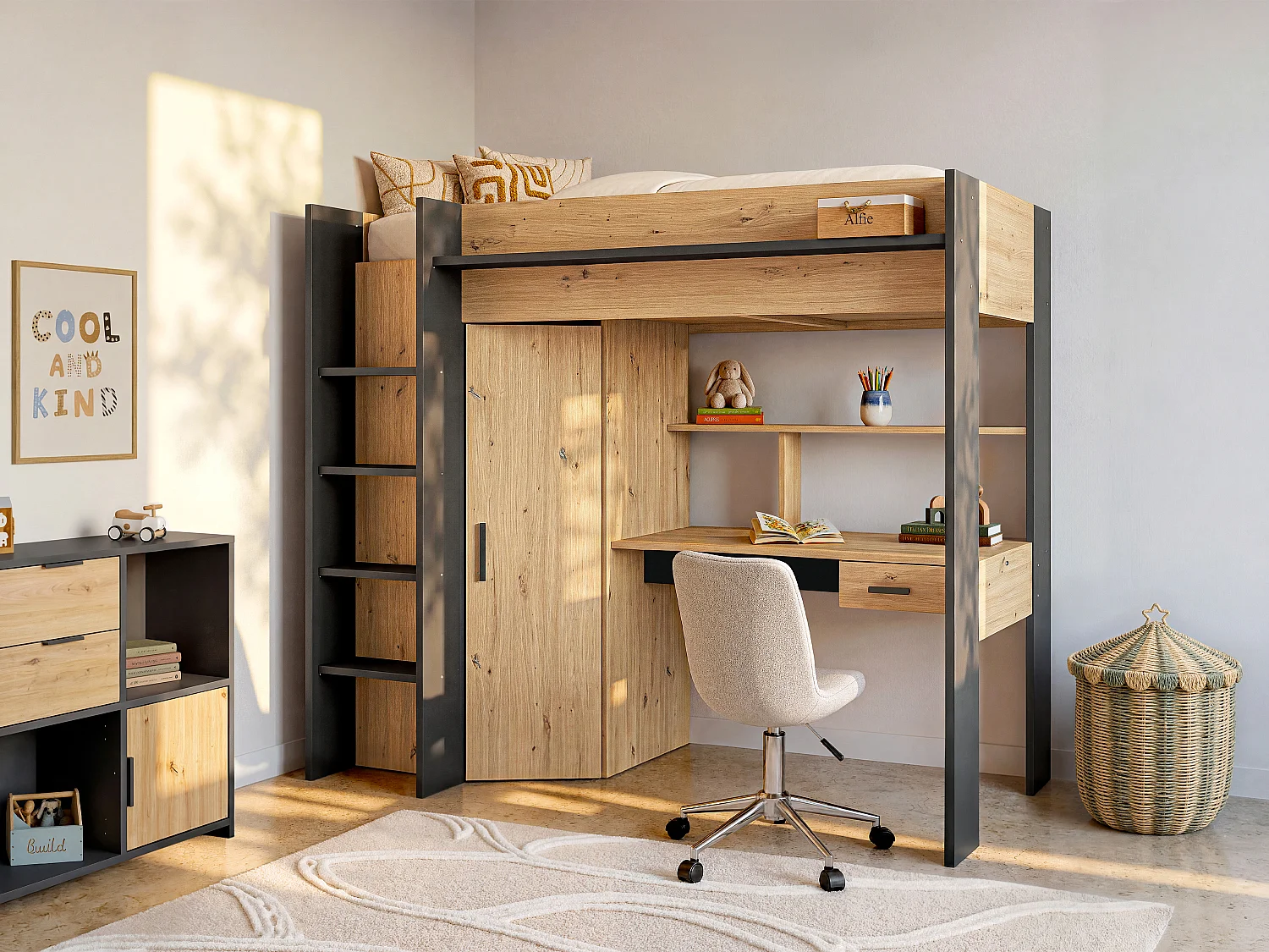 Lit mezzanine avec bureau et armoire - 90 x 200 cm - Coloris : Chêne et anthracite + matelas - AUCKLAND