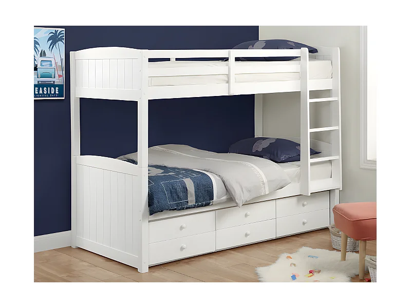 Etagenbett Stapelbett Massivholz + Lattenrost + Matratzen - 2 x 90 x 190 cm - Kiefer weiß - ANCHISE II