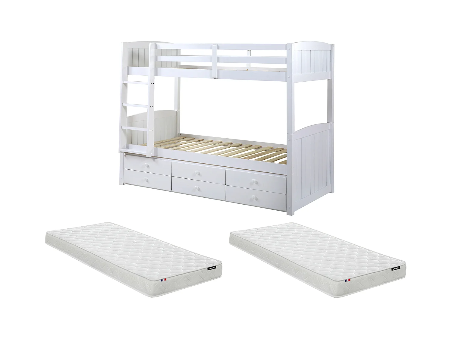 Etagenbett Stapelbett Massivholz + Lattenrost + Matratzen - 2 x 90 x 190 cm - Kiefer weiß - ANCHISE II