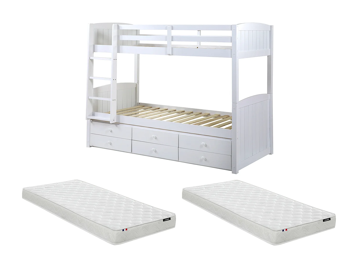 Etagenbett Stapelbett Massivholz + Lattenrost + Matratzen - 2 x 90 x 190 cm - Kiefer weiß - ANCHISE II