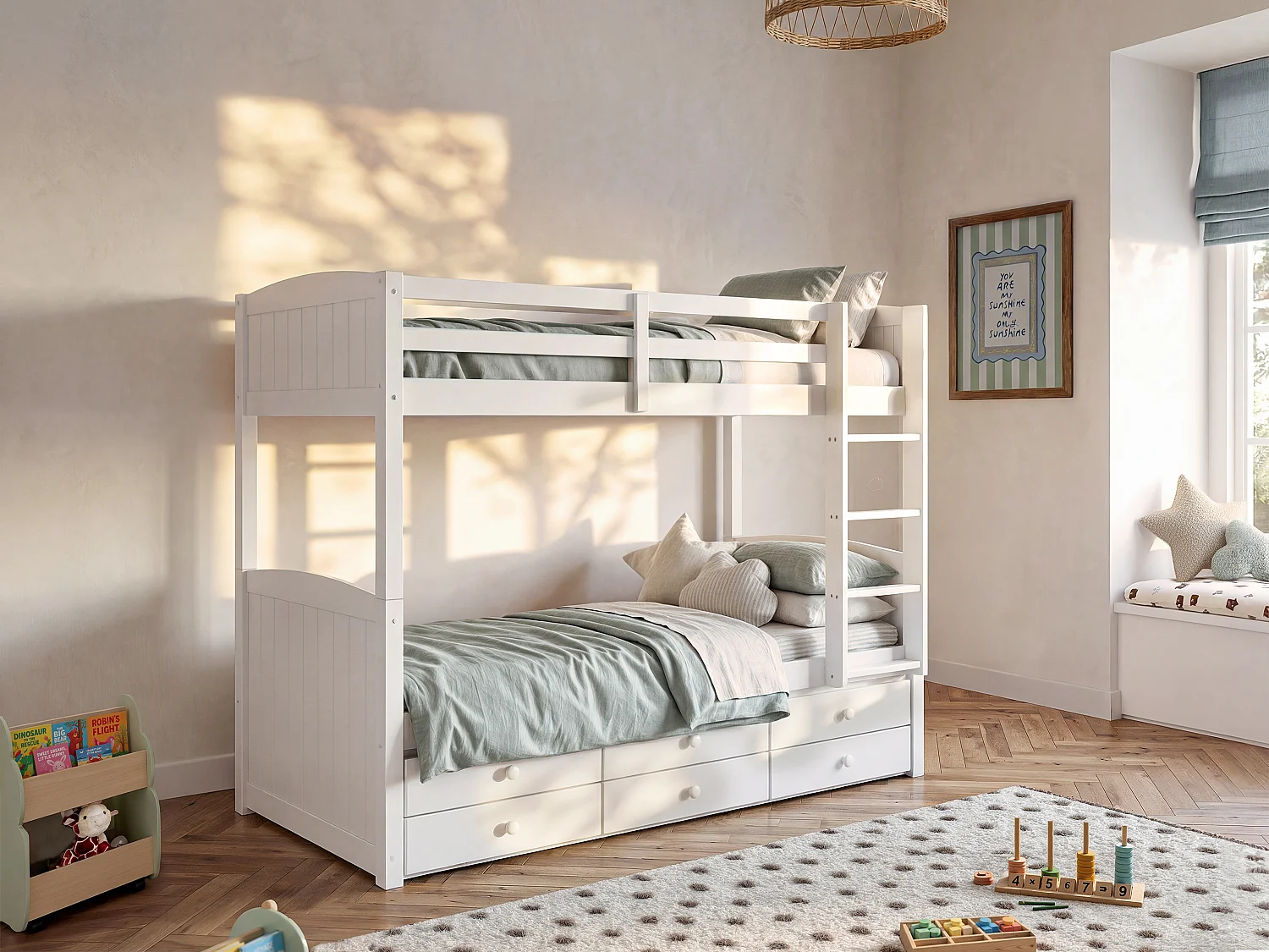 Lits superposés séparables ANCHISE II - 2 x 90 x 190 cm - Avec rangements - Pin blanc + matelas