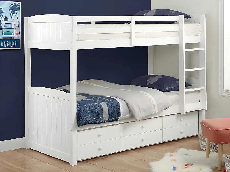 Etagenbett Stapelbett Massivholz + Lattenrost + Matratzen - 2 x 90 x 190 cm - Kiefer weiß - ANCHISE II