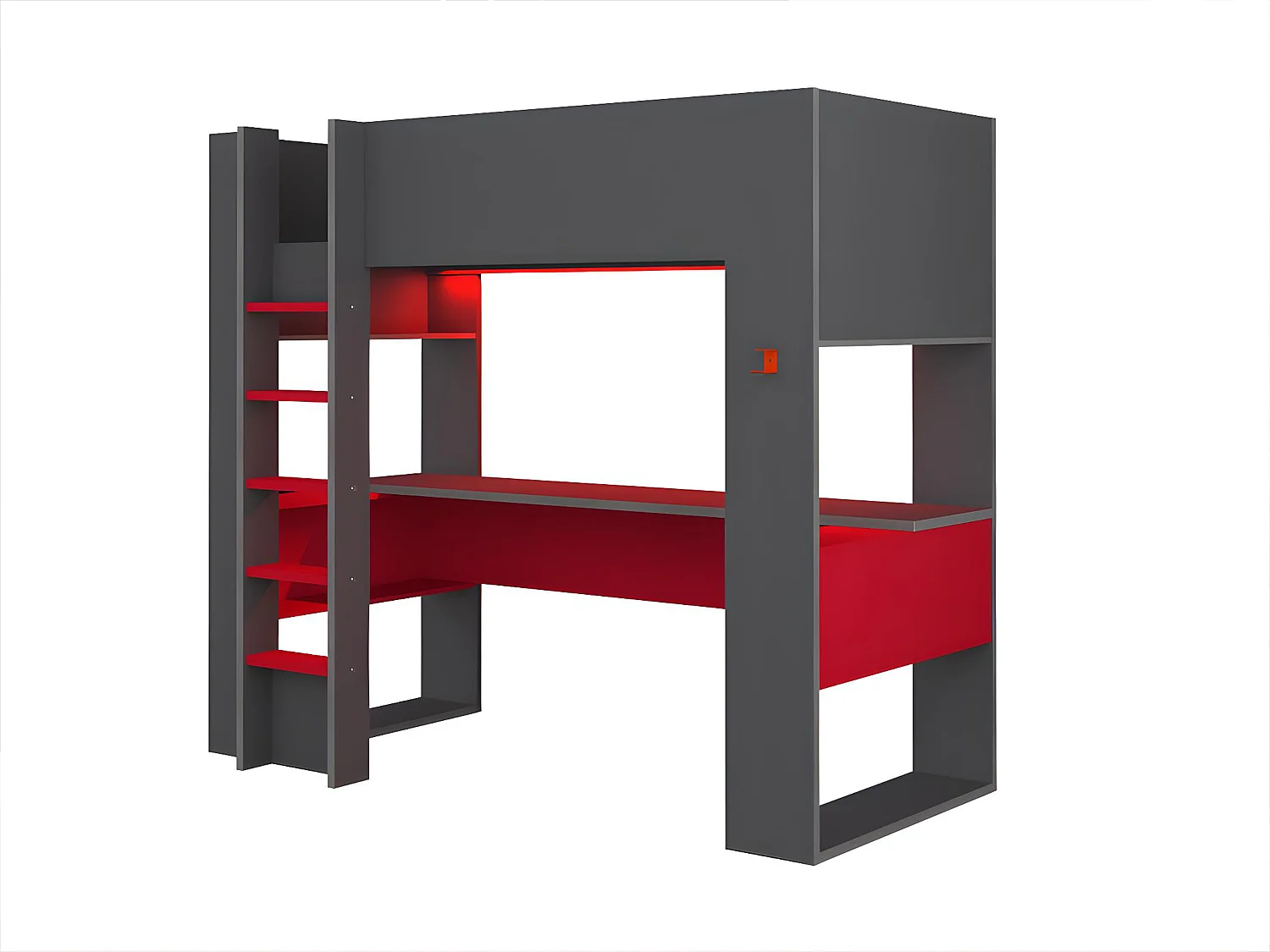 Hoogslaper gamer NOAH met bureau en opbergruimtes - 90 x 200 cm - met LED's - Antraciet en rood