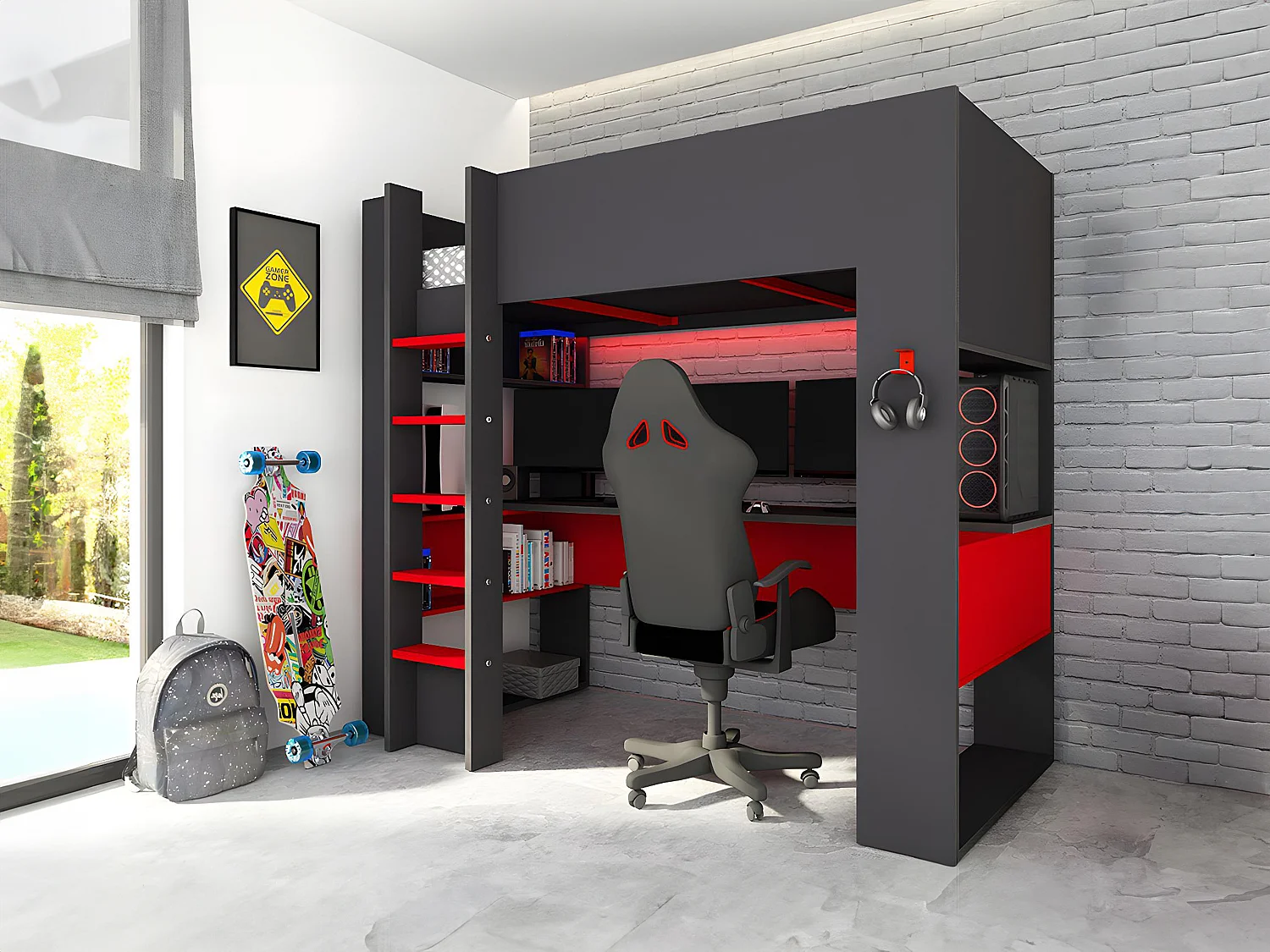 Hoogslaper gamer NOAH met bureau en opbergruimtes - 90 x 200 cm - met LED's - Antraciet en rood