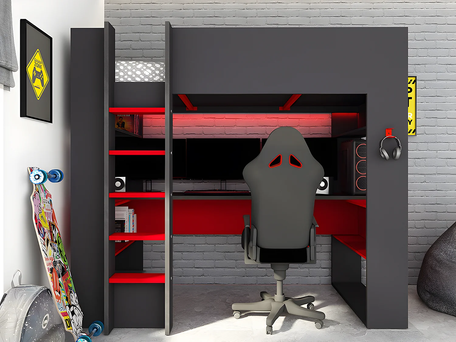 Cama alta gamer com secretária e espaços de arrumação integrados de 90 x 200 cm com LEDs cor antracite e vermelho - NOAH