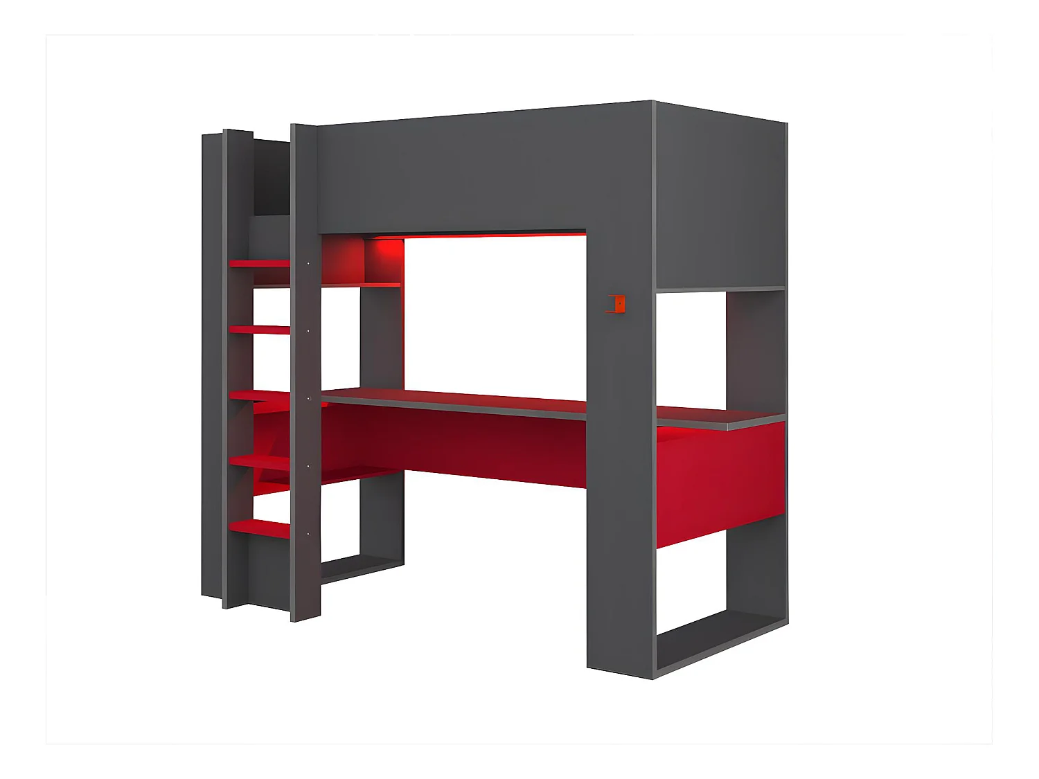 Cama alta gamer com secretária e espaços de arrumação integrados de 90 x 200 cm com LEDs cor antracite e vermelho - NOAH