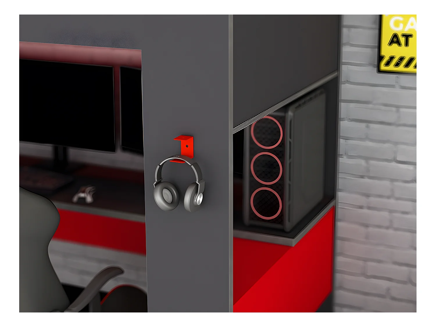 Cama alta gamer com secretária e espaços de arrumação integrados de 90 x 200 cm com LEDs cor antracite e vermelho - NOAH