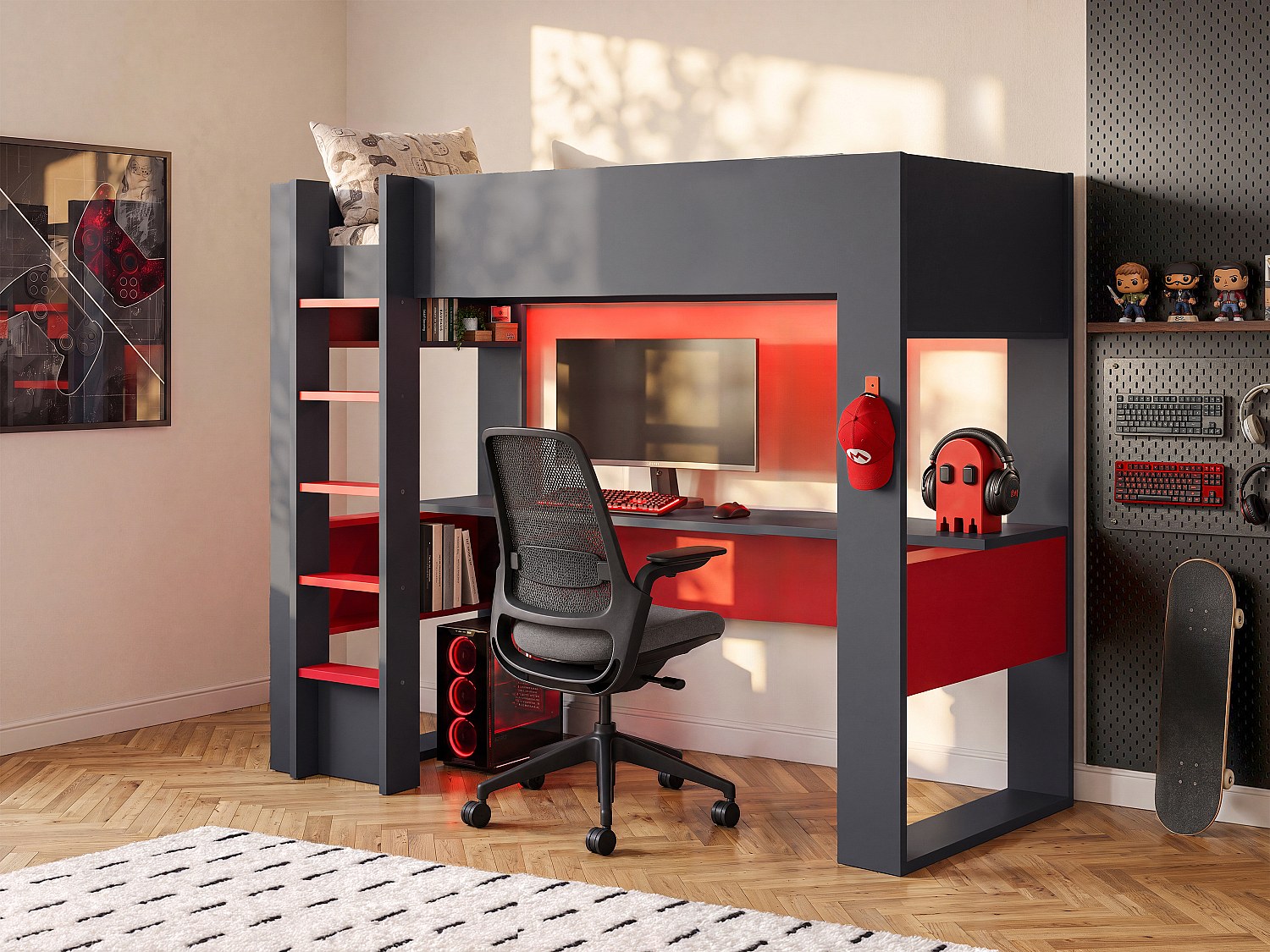 Hochbett mit Gaming-Schreibtisch & Stauraum mit LEDs - 90 x 200 cm - Anthrazit & Rot - NOAH