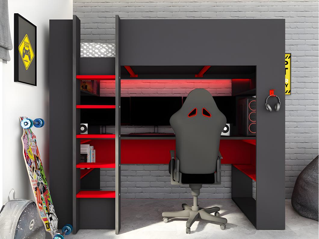 Hochbett mit Gaming-Schreibtisch & Stauraum mit LEDs - 90 x 200 cm - Anthrazit & Rot - NOAH