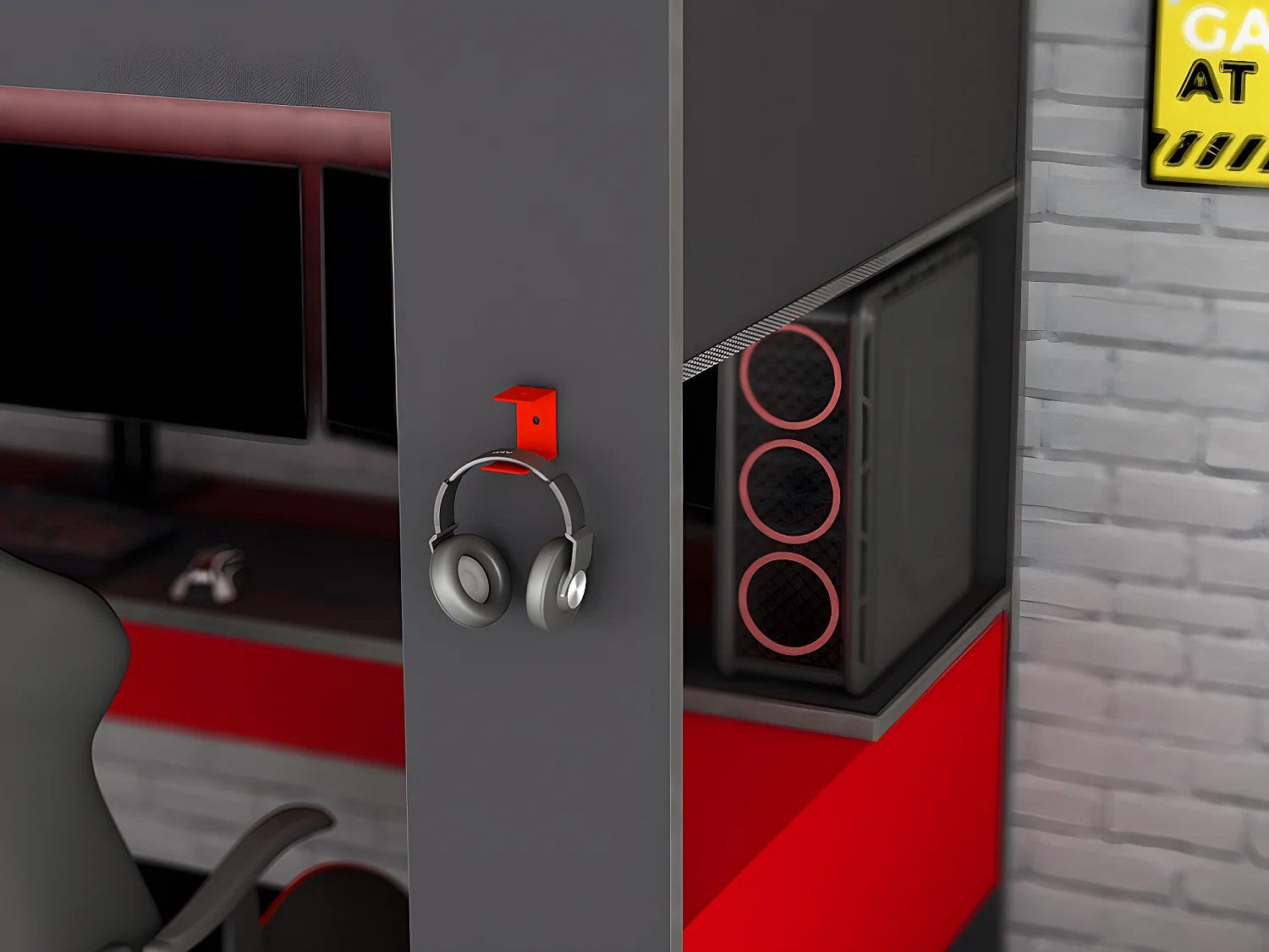 Lit mezzanine gamer NOAH avec bureau et rangements intégrés - 90 x 200 cm - Avec LEDs - Anthracite et rouge + matelas