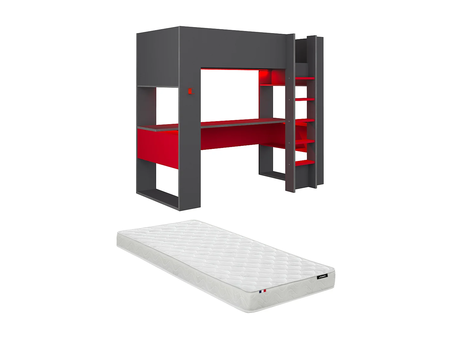 Lit mezzanine gamer NOAH avec bureau et rangements intégrés - 90 x 200 cm - Avec LEDs - Anthracite et rouge + matelas