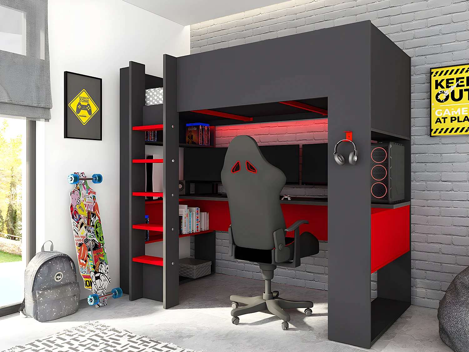 Hochbett mit Gaming-Schreibtisch & Stauraum + LEDs + Matratze - 90 x 200 cm - Anthrazit & Rot - NOAH