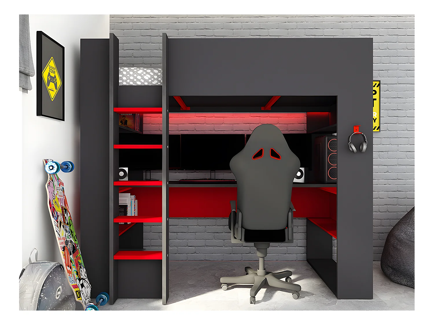 Lit mezzanine gamer NOAH avec bureau et rangements intégrés - 90 x 200 cm - Avec LEDs - Anthracite et rouge + matelas