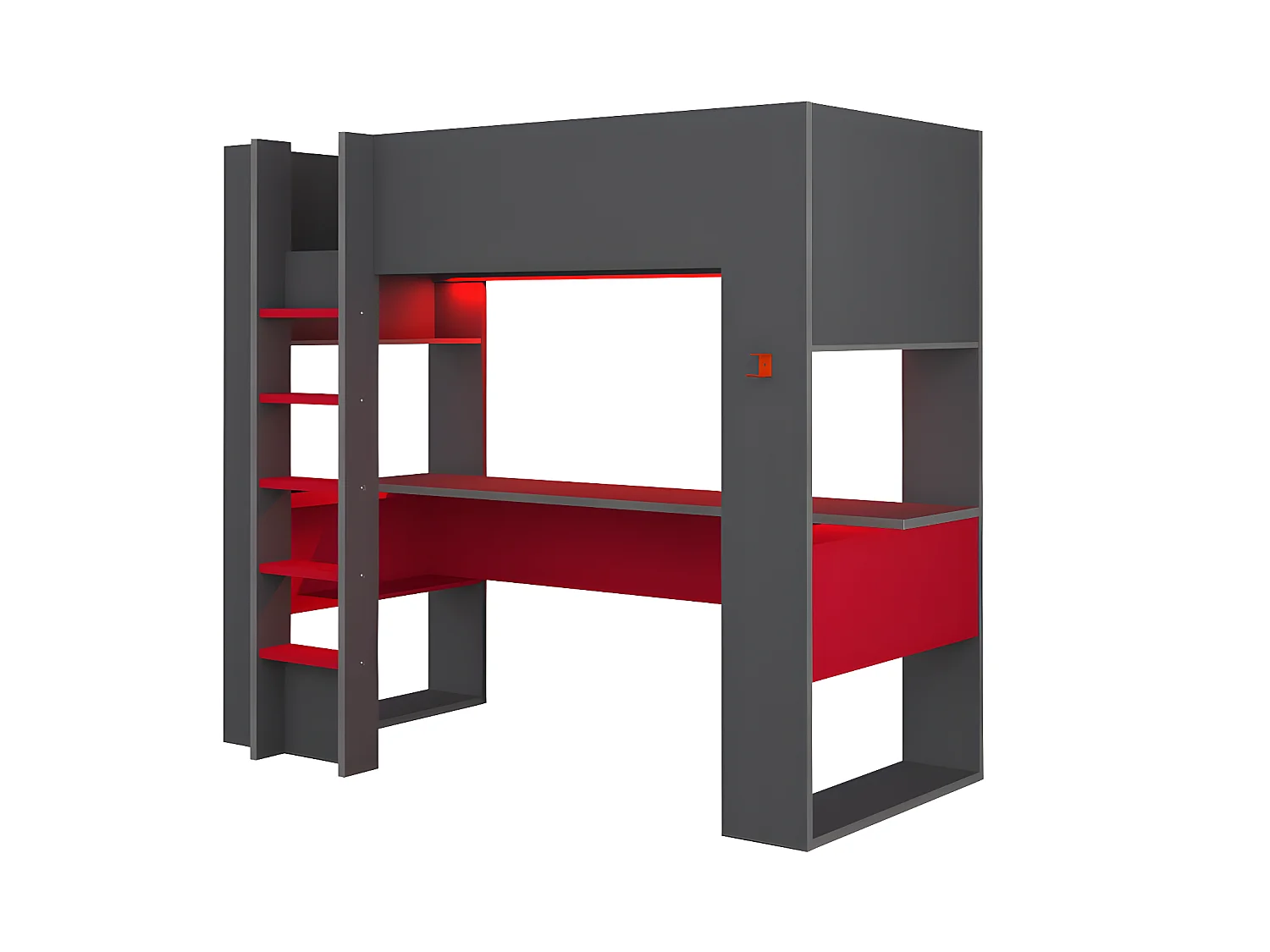Lit mezzanine gamer NOAH avec bureau et rangements intégrés - 90 x 200 cm - Avec LEDs - Anthracite et rouge + matelas