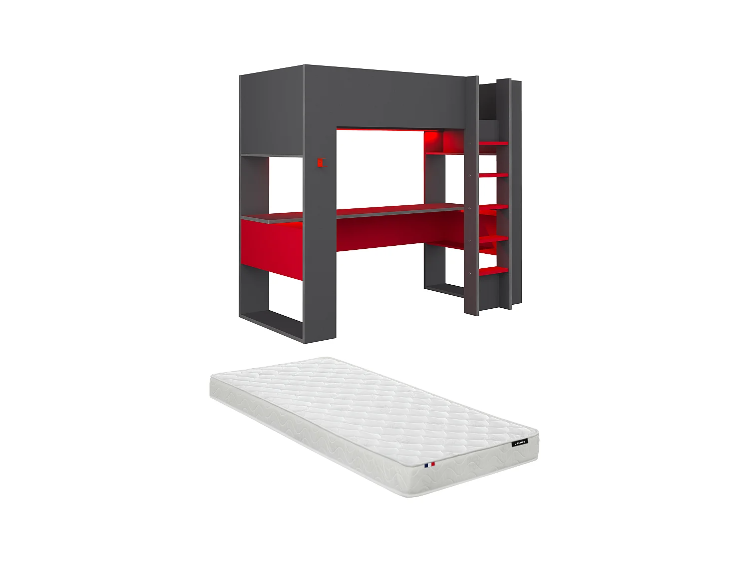 Lit mezzanine gamer NOAH avec bureau et rangements intégrés - 90 x 200 cm - Avec LEDs - Anthracite et rouge + matelas