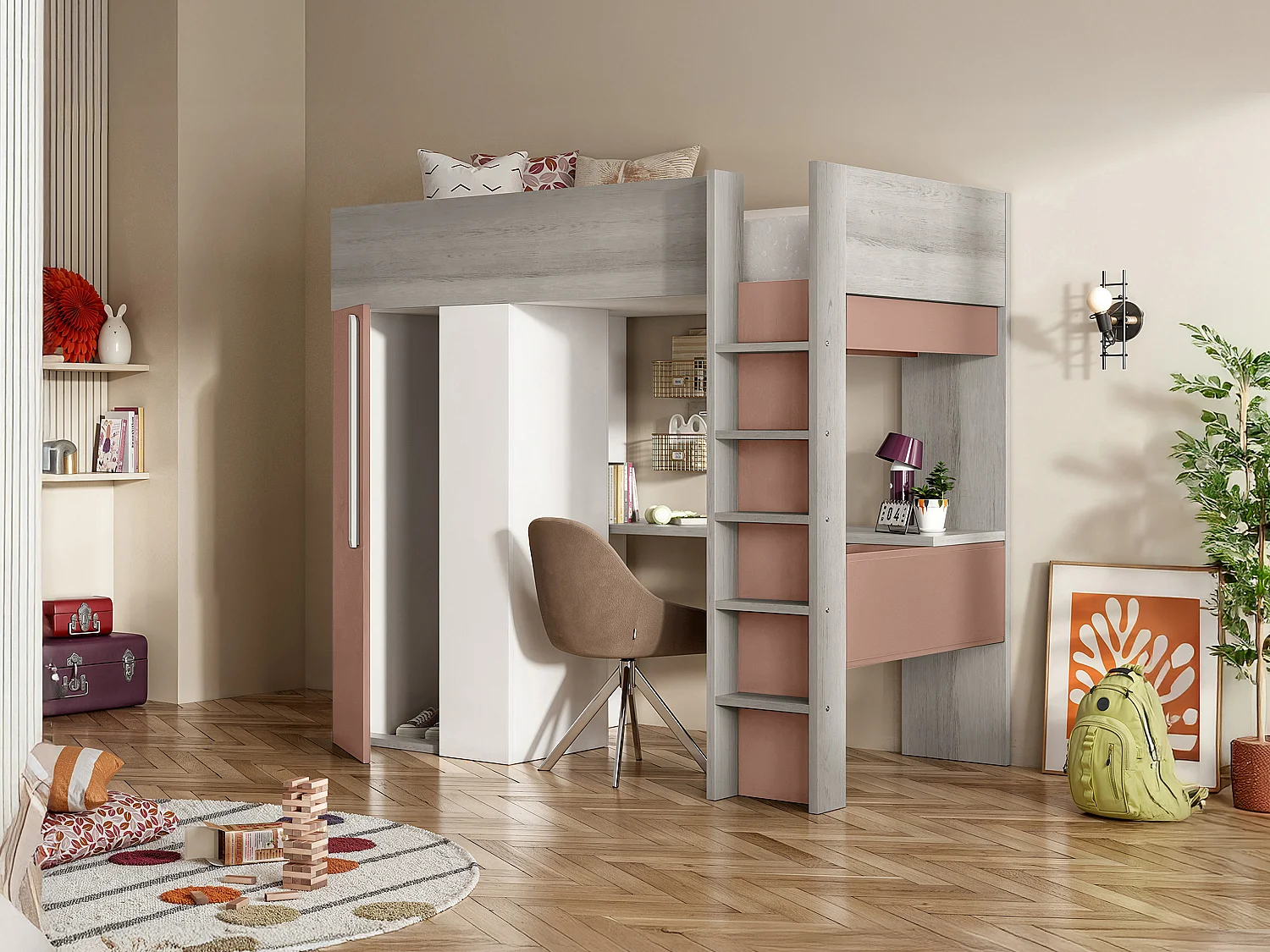 Cama alta de 90 x 200 cm com guarda-roupa e secretária cor-de-rosa e branco - NICOLAS