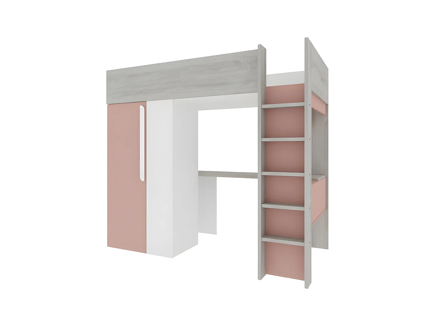 Cama alta de 90 x 200 cm com guarda-roupa e secretária cor-de-rosa e branco - NICOLAS