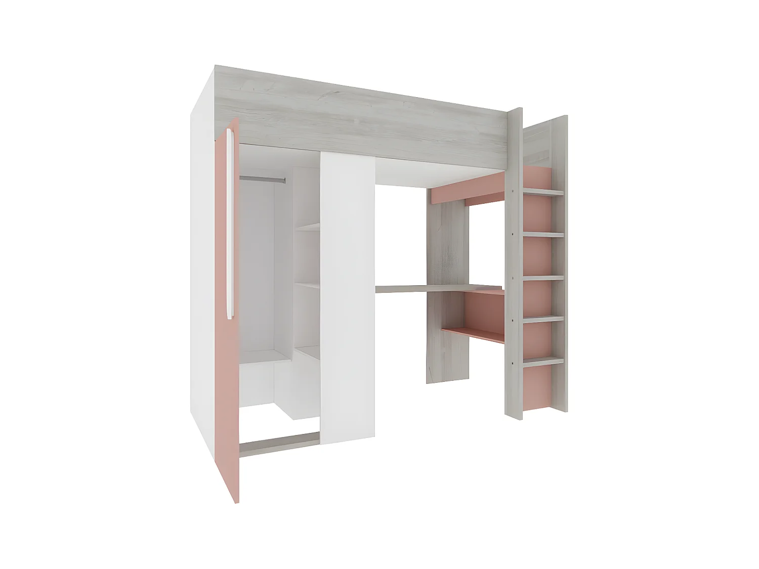 Cama alta de 90 x 200 cm com guarda-roupa e secretária cor-de-rosa e branco - NICOLAS