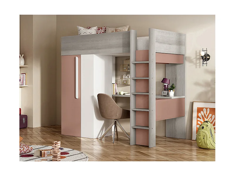 Lit mezzanine 90 x 200 cm avec armoire et bureau - Rose et blanc + matelas - NICOLAS