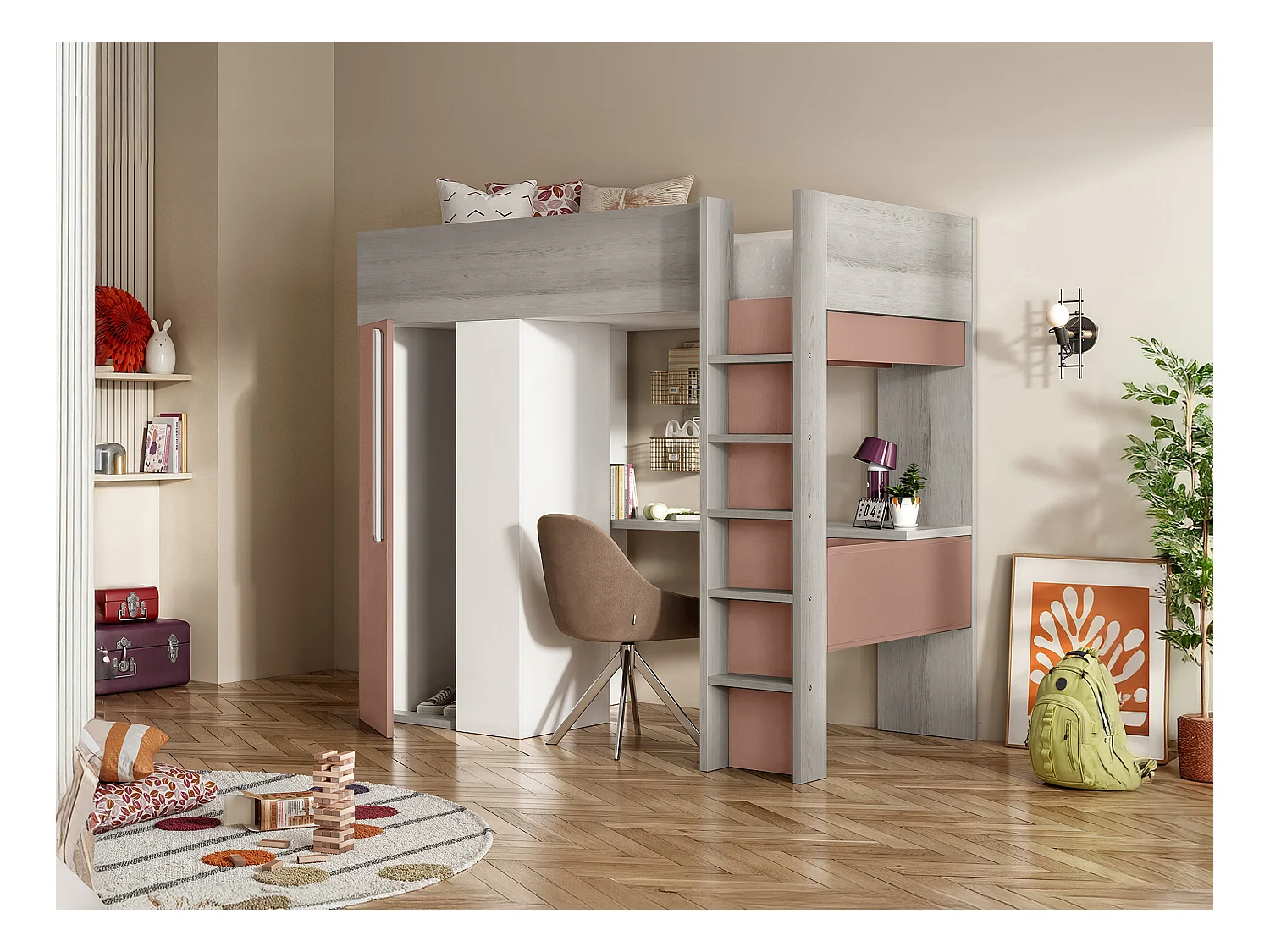 Cama alta 90 x 200 cm - con armario y escritorio - Rosa y blanco + colchón - NICOLAS
