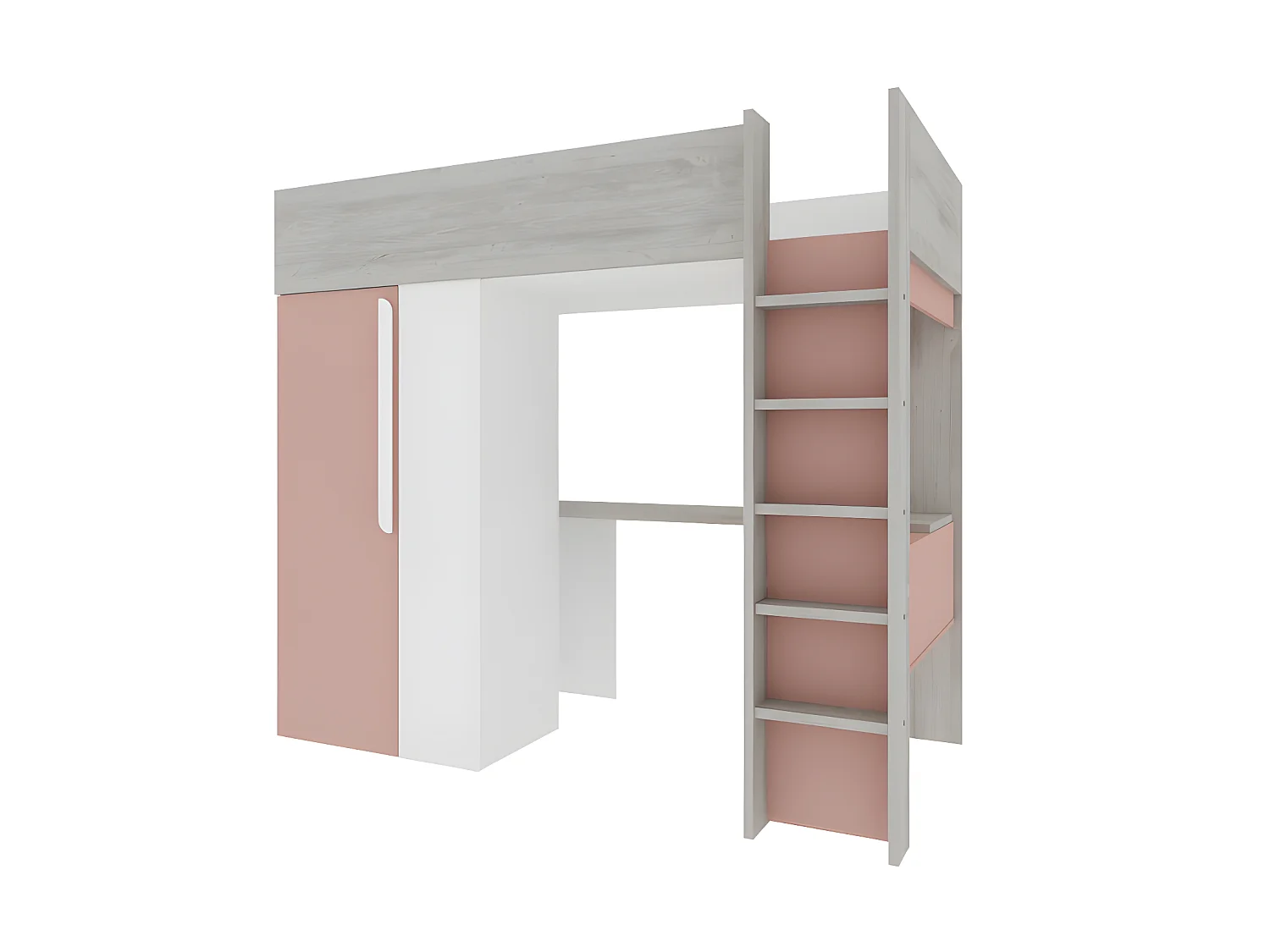 Cama alta 90 x 200 cm - con armario y escritorio - Rosa y blanco + colchón - NICOLAS