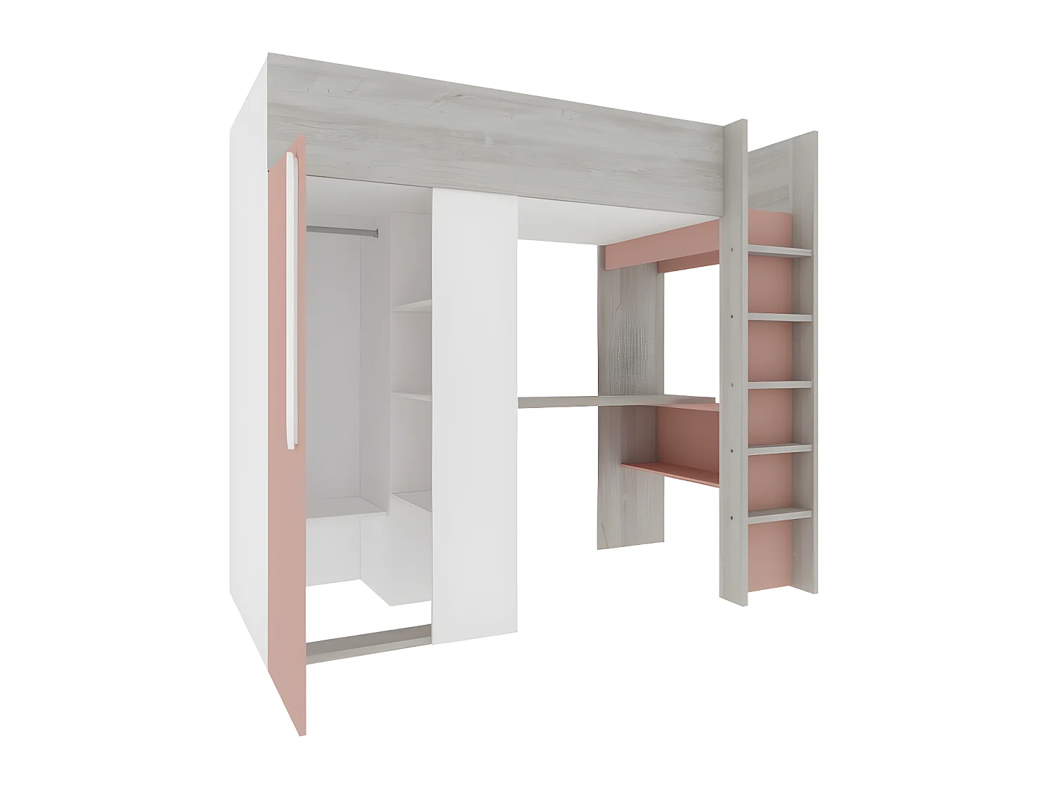 Cama alta 90 x 200 cm - con armario y escritorio - Rosa y blanco + colchón - NICOLAS