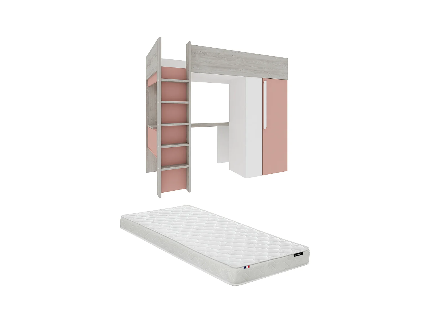 Cama alta 90 x 200 cm - con armario y escritorio - Rosa y blanco + colchón - NICOLAS