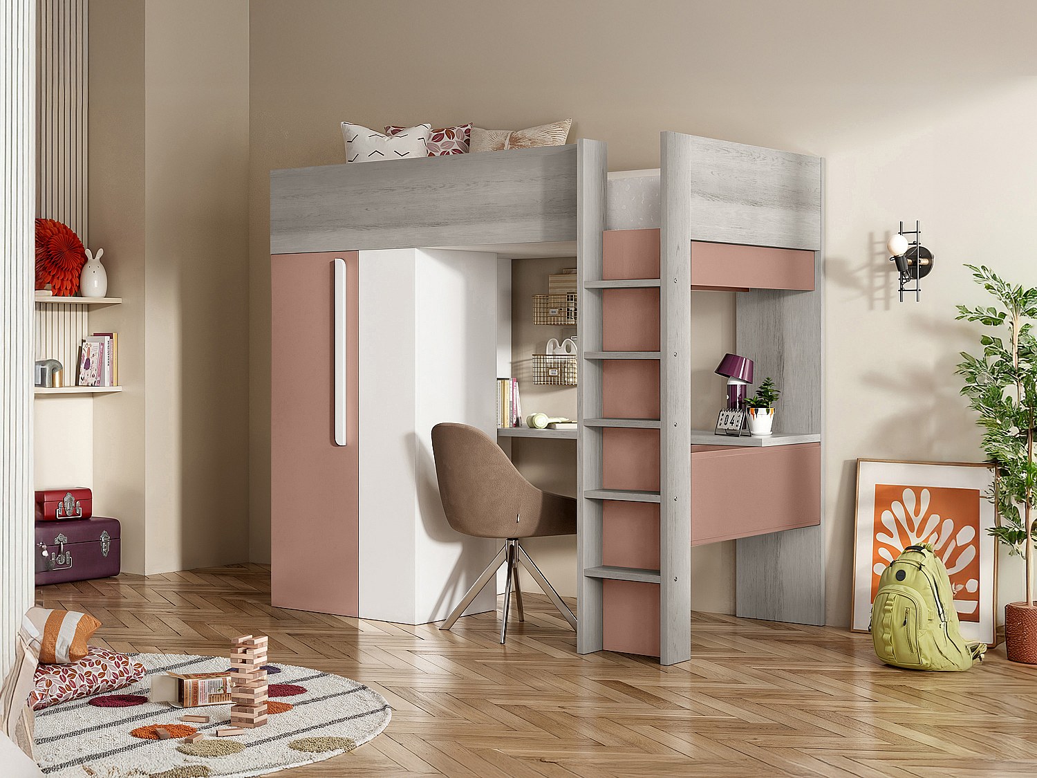 Hochbett mit Schreibtisch & Kleiderschrank  + Matratze - 90 x 200 cm - Rosa günstig online kaufen