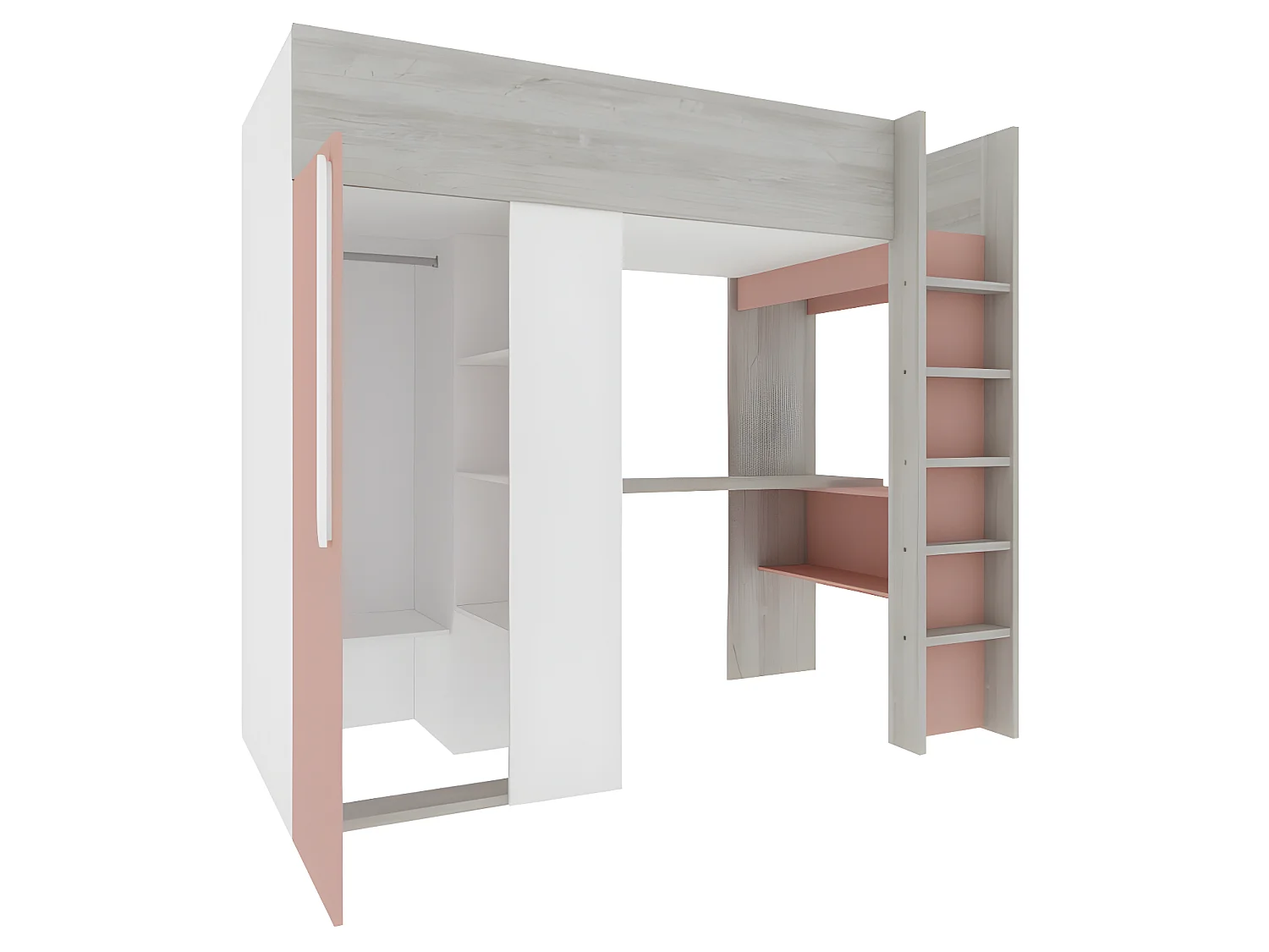 Lit mezzanine 90 x 200 cm avec armoire et bureau - Rose et blanc + matelas - NICOLAS