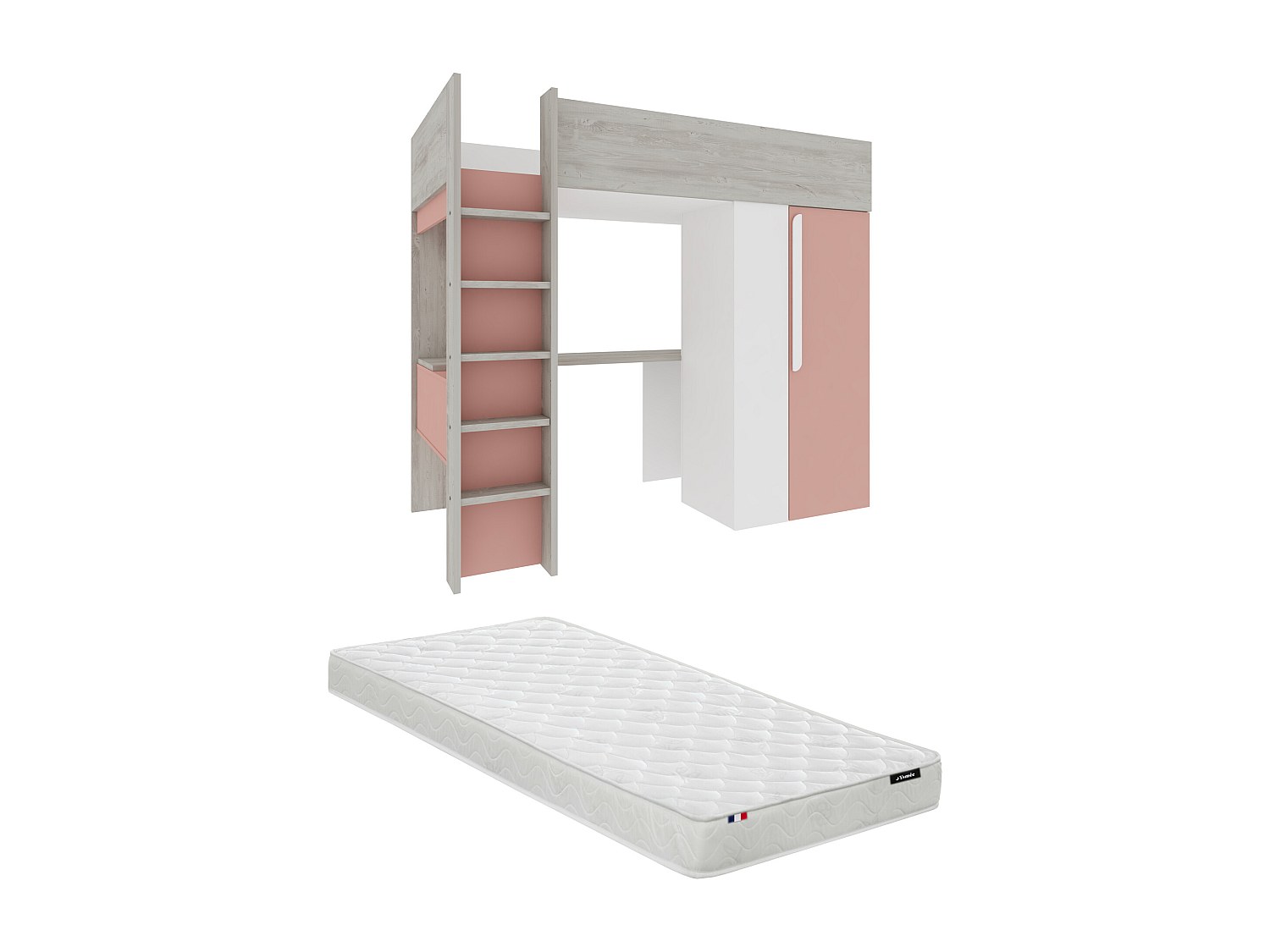 Hochbett mit Schreibtisch & Kleiderschrank  + Matratze - 90 x 200 cm - Rosa günstig online kaufen