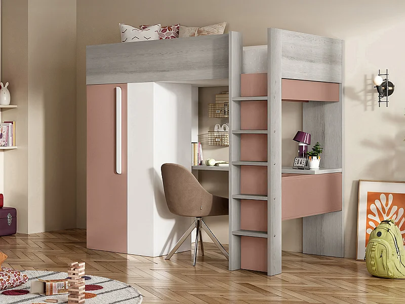 Lit mezzanine 90 x 200 cm avec armoire et bureau - Rose et blanc + matelas - NICOLAS