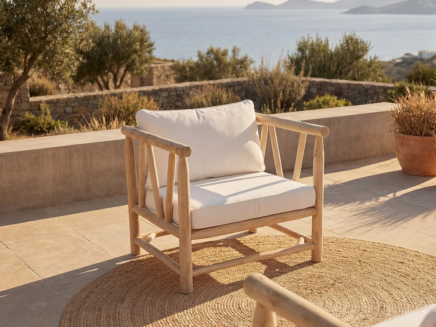 Sillón de jardín de teca con cojines - Natural claro y blanco TULUM