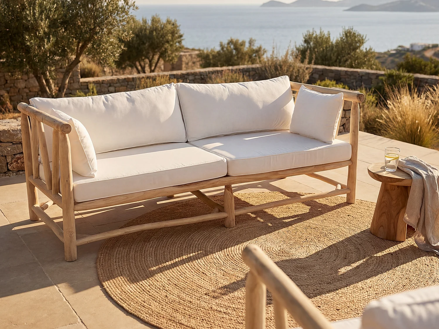 Tuinbank van teakhout met kussens - Licht naturel en wit - TULUM