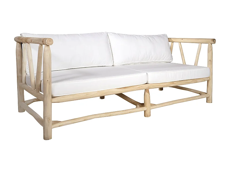 Sofá de jardín de teca con cojines - Natural claro y blanco TULUM
