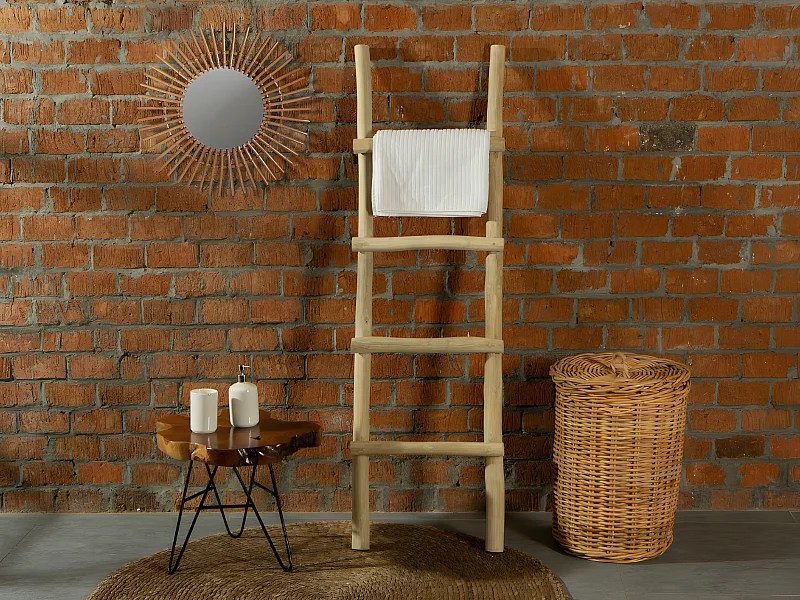 Porte-serviettes échelle en teck massif avec 4 barreaux - Coloris naturel - FODNA