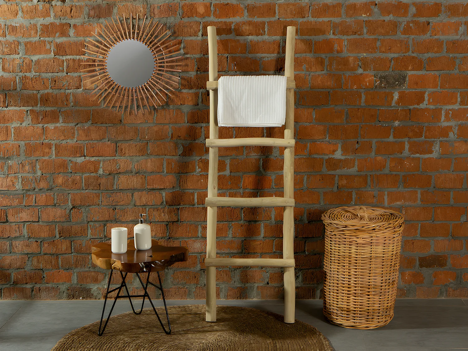 Porte-serviettes échelle en teck massif avec 4 barreaux - Coloris naturel - FODNA