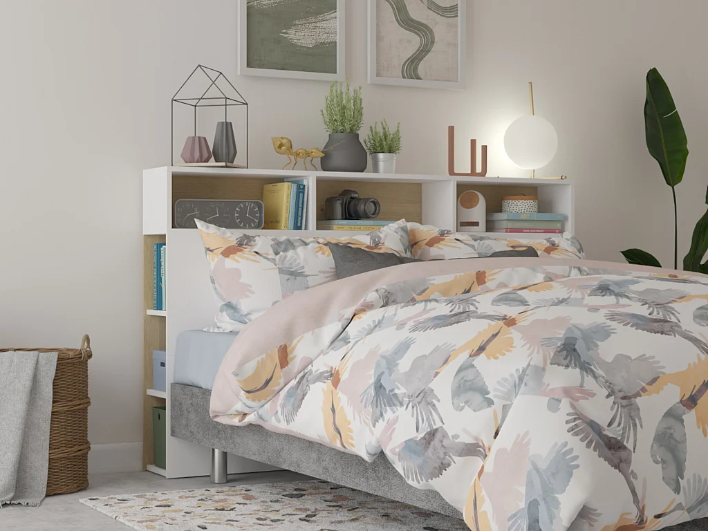 Tête de lit avec rangements NASTIA - 160 cm - Blanc et chêne